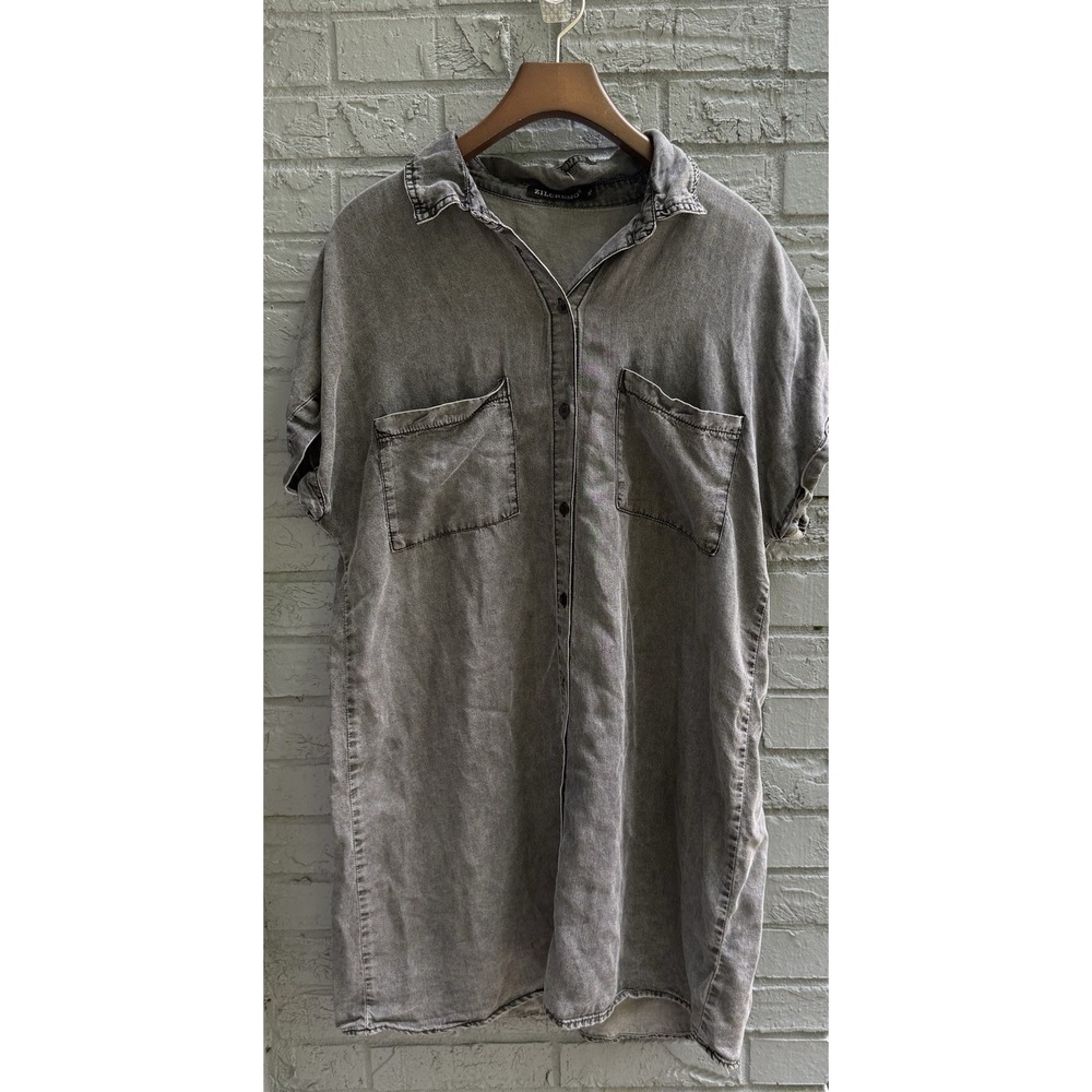 Zilcremo Gray Denim Button Down Shirt Dress with Short Sleeves Womens Size XL